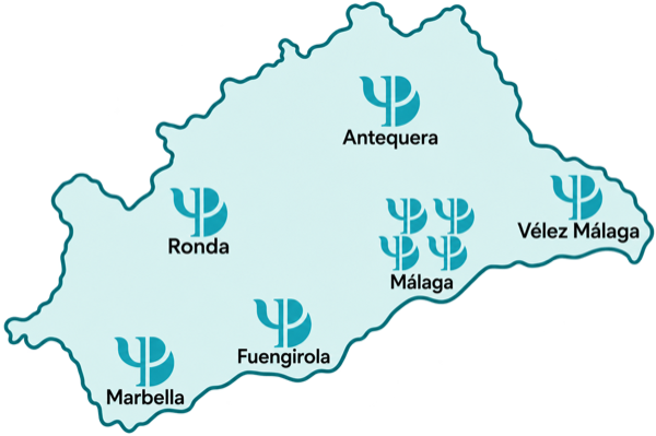 Mapa de centros PsicoAbreu · Fondo transparente Mapa de los centros PsicoAbreu en Málaga y provincia